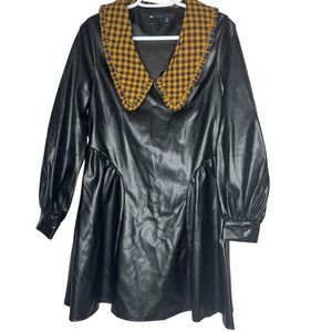 ASOS Womens Black Faux Leather Dress Sz 6 Plaid Collar Dark Academia Preppy Goth